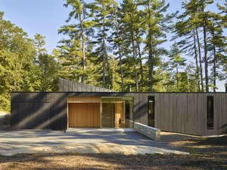 The dark exterior wood cladding ensures the home blends more seamlessly with the site, while the flat roof is meant to recall "midcentury precedents," said the architects. The "sharkfin clerestory roof" feature transmits light into interior rooms.