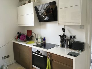 The kitchen had a single run of jarring, brown Wenge wood-type veneered cabinets and a cream Corian worktop. The existing stovetop and oven were reused in the remodel.