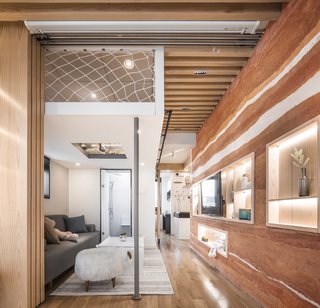 This view shows the diagonal axis of the apartment, looking back to the kitchen.