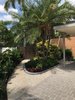 Modern home with Outdoor, Front Yard, Trees, Hardscapes, Gardens, Horizontal Fences, Wall, Walkways, and Wood Fences, Wall. A small planting island with concrete curbing contains fireball bromeliads, Burle Marx philodendrons, and clumping reclinata palms. Variegated sanchezia bush flanks the gate to the backyard, and lady palms soften the brick wall. Photo 2 of Mid-Century Modern Bungalow