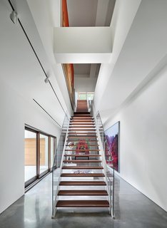 The long, wood stairs appear as a screen, quietly revealing artwork between levels and spaces.