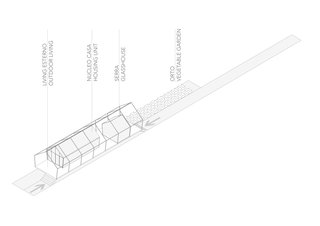 The project's elements are represented in this diagram, which includes outdoor living areas, a housing unit, a greenhouse, and a vegetable garden.