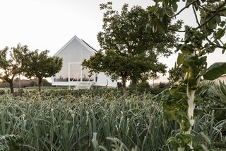 The fully glazed facade reflects the surrounding landscape while providing transparency and daylight to the interior.