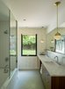 Modern home with Bath Room, Marble Counter, Porcelain Tile Floor, Undermount Sink, Open Shower, Ceiling Lighting, Pendant Lighting, Recessed Lighting, Undermount Tub, and Ceramic Tile Wall. Kids bathroom with desert animal print wall paper. Photo 12 of Mt. Tabor