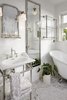 Modern home with Bath Room, Pedestal Sink, Marble Floor, Open Shower, Freestanding Tub, Accent Lighting, Ceiling Lighting, Subway Tile Wall, and One Piece Toilet. Master Bathroom Photo 8 of Mission Hills Modern