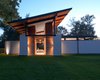 Modern home with Outdoor, Side Yard, Front Yard, Back Yard, Field, Rooftop, Small Patio, Porch, Deck, Large Patio, Porch, Deck, Wood Patio, Porch, Deck, Landscape Lighting, Decking Patio, Porch, Deck, and Hanging Lighting. The view at night. Photo 8 of A Summer House