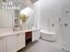 Modern home with Bath Room, Granite Counter, Engineered Quartz Counter, Quartzite Counter, Wood Counter, Marble Counter, Stone Counter, Concrete Counter, Laminate Counter, Tile Counter, Metal Counter, Porcelain Tile Floor, Ceramic Tile Floor, Drop In Sink, Freestanding Tub, Open Shower, Mosaic Tile Wall, Ceiling Lighting, Subway Tile Wall, and Porcelain Tile Wall. Bathroom Photo 3 of Strass I