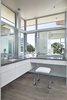 Modern home with Bath Room, Engineered Quartz Counter, Ceramic Tile Floor, Undermount Sink, Ceiling Lighting, Pendant Lighting, and Table Lighting. master bathroom detail of "her" side lavatory and vanity featuring the, custom glazed mirror windows Photo 15 of The U V House