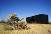 Cabin shown with fabric shell and cholla cactus in the foreground Photo 8 of Joshua Tree Case Study Cabin modern home