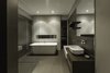 Modern home with Bath Room, Tile Counter, Freestanding Tub, Porcelain Tile Floor, Open Shower, Concrete Counter, Vessel Sink, Recessed Lighting, Ceiling Lighting, Porcelain Tile Wall, Concrete Wall, and One Piece Toilet. The Bathe Zone - mishacks' modular design system. Photo 6 of 01 White Shack.