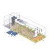 Diagram of overall project showing slipped/interlocking bracket components: "circus ring" benches and "trapeze" folding entry wall connected to soffit with rear back-drop wall Photo of Facade/Fasad modern home