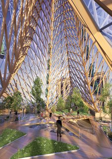 The spire's wooden frame would be wrapped with a glass facade subdivided into faceted diamond-shaped elements.