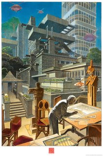 Francois Schulten's piece is almost a greatest hits album, says Goodman. Surrounding Wright at his drafting table are glimpses of SC Johnson headquarters, flying helicopters from the unbuilt Broadacre City, Fallingwater, the Imperial Hotel, and garden sprites from Midway Gardens<span style="font-family: Theinhardt, -apple-system, BlinkMacSystemFont, "Segoe UI", Roboto, Oxygen-Sans, Ubuntu, Cantarell, "Helvetica Neue", sans-serif;">.</span>