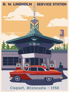 Artist Steve Thomas chose to depict Wright's only gas station, originally designed for his utopian Broadacre City.