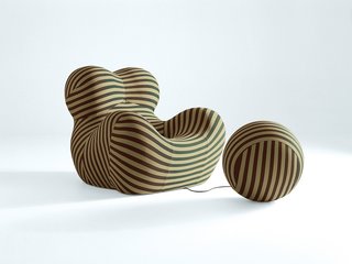 To celebrate the Up chair's 50th anniversary, B&B Italia is bringing back the original striped beige/petrol green color palette in a special edition, as well as introducing some new solid colors: orange-red, navy blue, petrol green, emerald green, and cardamom.