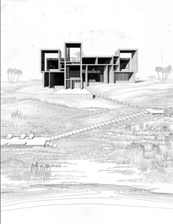 An original sketch of the house shows Rudolph's vision. "The exceptional wild Florida site 60 feet above the Atlantic Ocean is a counterfoil to the geometry of the structure," Paul Rudolph said of the home.