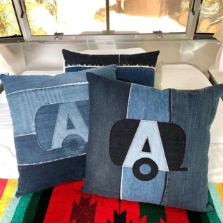 Overload on Americana with these upcycled blue jeans repurposed into Airstream travel pillows. Handmade in Malibu, California by Amanda Beckman, each one is unique. 