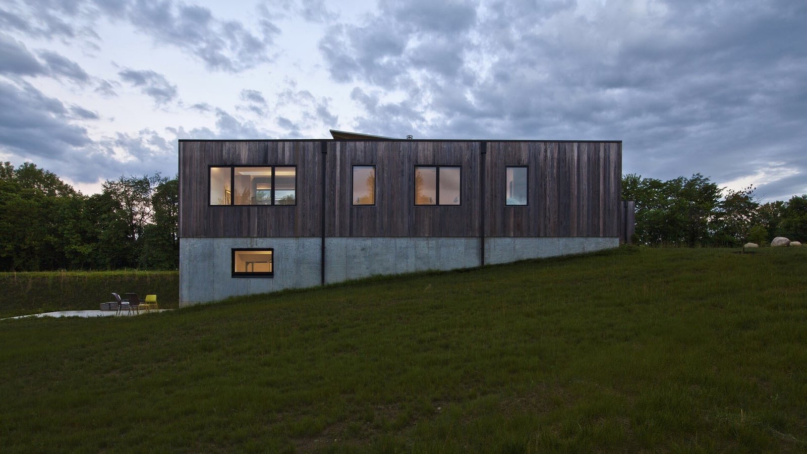 The modern ranch has a full, walk-out basement. 