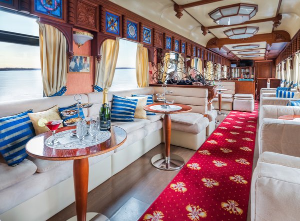 With a bar and baby grand piano, The Golden Eagle's lounge is where most of the socializing happens on board.