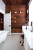 Modern home with Bath Room, Freestanding Tub, Wall Lighting, Ceramic Tile Floor, Undermount Sink, and Marble Counter. Master bath at the 1917 Bungalow by Miró Rivera Architects Photo 5 of 1917 Bungalow