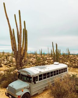 Their 34-foot-long bus in Joshua Tree.