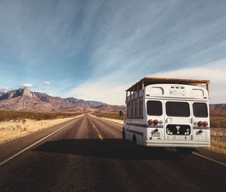 Conte's bus on the open road. 