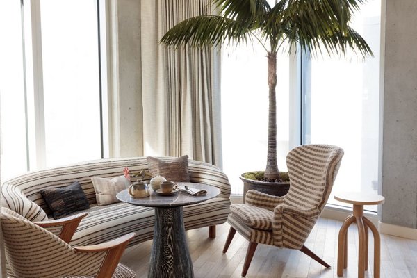 The space is infused with one of Wearstler's signature motifs—pattern on pattern.