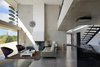 Modern home with Sofa, Chair, Standard Layout Fireplace, Concrete Floor, Ceiling Lighting, Staircase, Metal Tread, and Metal Railing. a ray of light penetrating the livingromm Photo of Chipster Blister House
