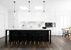 Modern home with Kitchen, Marble Counter, White Cabinet, Wood Cabinet, Medium Hardwood Floor, Stone Slab Backsplashe, Pendant Lighting, Ceiling Lighting, Recessed Lighting, Dark Hardwood Floor, Wall Oven, Cooktops, Range, Drop In Sink, and Undermount Sink. Kitchen Photo of PRK Residence