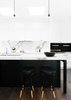 Modern home with Kitchen, Marble Counter, White Cabinet, Wood Cabinet, Medium Hardwood Floor, Dark Hardwood Floor, Stone Slab Backsplashe, Pendant Lighting, Recessed Lighting, Ceiling Lighting, Wall Oven, Cooktops, and Undermount Sink. Kitchen Photo 2 of PRK Residence