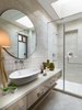 Modern home with Bath Room, Quartzite Counter, Marble Floor, Vessel Sink, Enclosed Shower, Ceiling Lighting, Table Lighting, and Stone Slab Wall. Guest Bathroom Photo 7 of RSA Residence