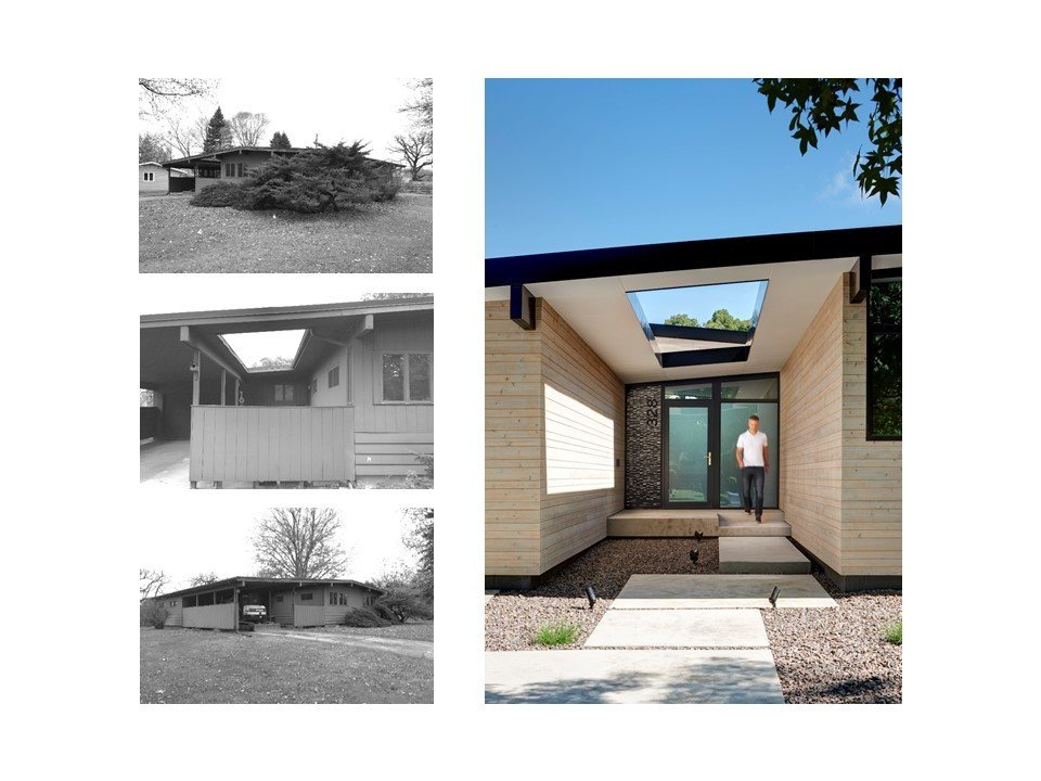 The previously concealed entry is reoriented toward the street and redefined by meandering pavers and a receding opaque glass entrance.