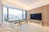 The custom-made cabinet wall with white washed oak panels and charcoal grey metal detail, resting in front of a striped backdrop. #studioadjective @studioadjective #apartment #home Photo 13 of Larvotto Studio Adjective HONG KONG modern home