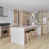 Modern home with Kitchen, Light Hardwood Floor, Stone Slab Backsplashe, Marble Counter, Open Cabinet, Beverage Center, Undermount Sink, Wood Cabinet, Range, Refrigerator, and Pendant Lighting. Kitchen Photo 9 of North Toronto Addition