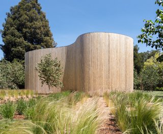 The sinuous Western Red Cedar wall is steel-framed with wood infill studs.