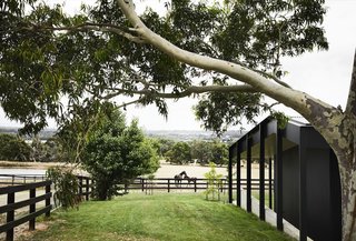 "A colonnade of columns provide symmetrical support to the deep eaves, wrapping the residence in a sense of order to juxtapose the playfulness of the angled roof line," the architects explain.