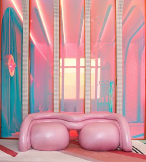 Patricia Bustos Studio designed the BUBBLE GUM sofa made from wood and upholstered in metallic pink fabric.