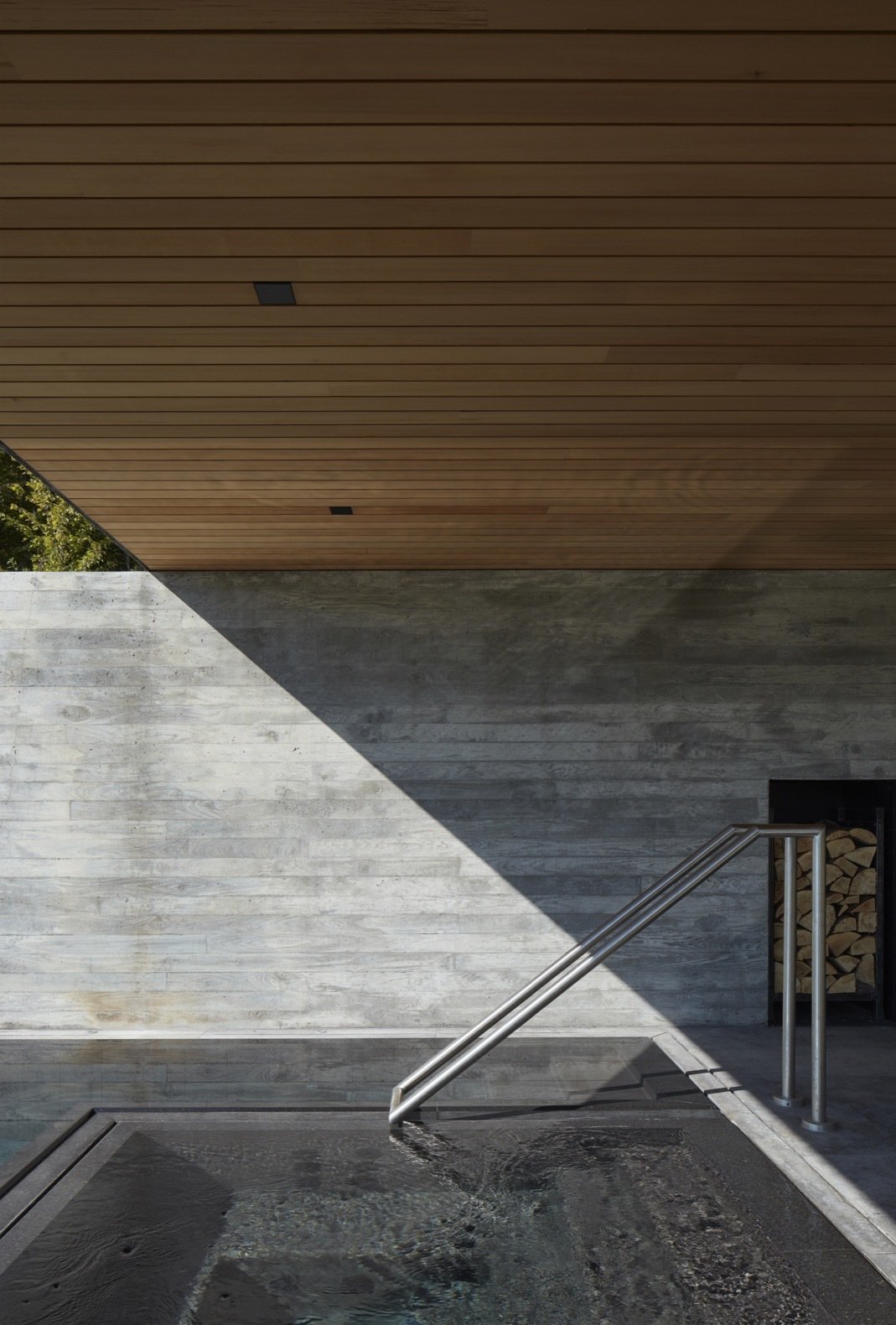The long standing-seam zinc roof extends over the pool to provide shade to the outdoor lounge.