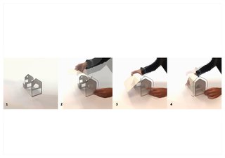 Austin Maynard Architects' concept images show a person wrapping the house model with a white corrugated sheet.