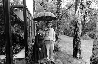 Ray and Charles standing beneath an umbrella next to historic eucalyptus row that dates back to the 1880s and is still standing today.