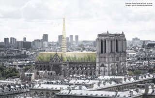 Studio NAB's design looks to modernize the Notre Dame Cathedral while staying respectful of the French Gothic architecture, with the addition of a greenhouse and apiary along the original roofline and spire.