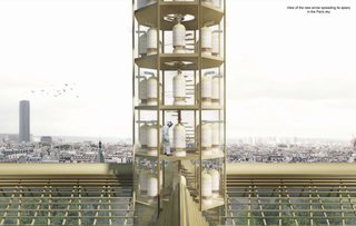 Studio NAB has reimagined the central spire as a glass-walled apiary for the approximately 200,000 honey bees on Notre Dame's roof that survived the fire thanks to the location of their hives on a sacristy roof below the main roof.