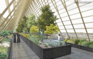 The light and airy greenhouse would feature a gold-colored steel frame and glass panels. In addition to growing plants, it would also serve as an observation deck.