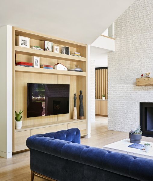 The white-oak bookcase was custom built.