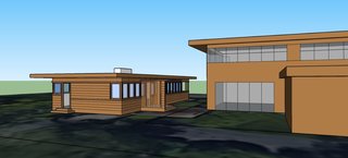 A massing diagram created by the Conservancy to show how the restored Booth Cottage could be incorporated into a new development.