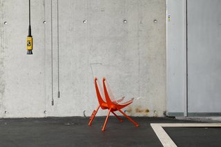 Developed by Prouvé in the 1950s, the armchair Antony has been refreshed in Abloh's twist with a plexiglass shell and bright orange lacquer finish. Limited to 100 pieces.