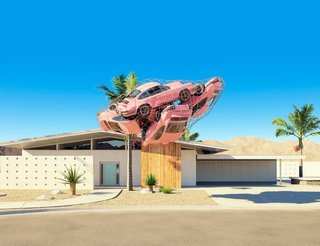 His Labrooy's 911 series, four pink Porsche 911 Carrera RS float as if weightless near a Palm Springs midcentury home.