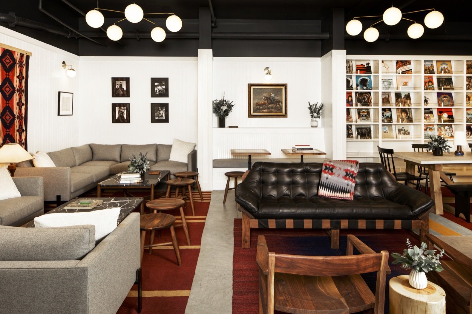 Cache House encourages a sense of community in its cozy, 800-square-foot lobby furnished with custom lighting, sofas from TRNK Studio and Lawson Fenning, and chairs from Fern NYC.