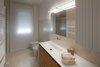 Modern home with Bath Room, Tile Counter, Ceramic Tile Floor, Drop In Sink, Enclosed Shower, Wall Lighting, Pendant Lighting, Ceramic Tile Wall, and Two Piece Toilet. Bathroom Photo 13 of D House