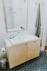 Modern home with Bath Room, Wood Counter, Ceramic Tile Floor, Drop In Sink, and Marble Wall. Main bath Photo 9 of Oak Cliff Home